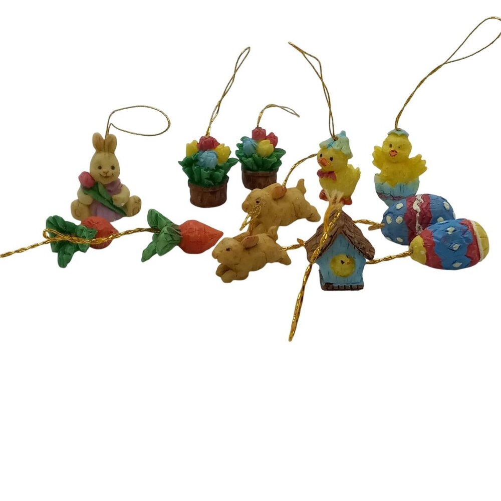 Easter Mini Hanging Ornaments 12 Piece Set Bunny Chicks Carrots Eggs Birdhouse